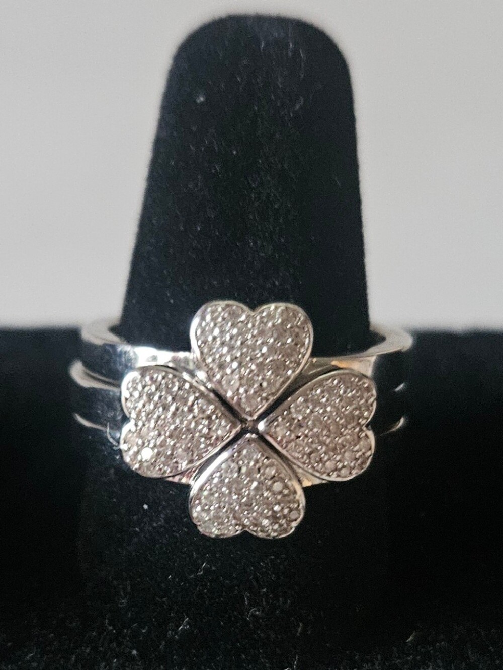 Stackable Moissanite Sterling Silver Rhodium Plated Four Leaf Glover Ring